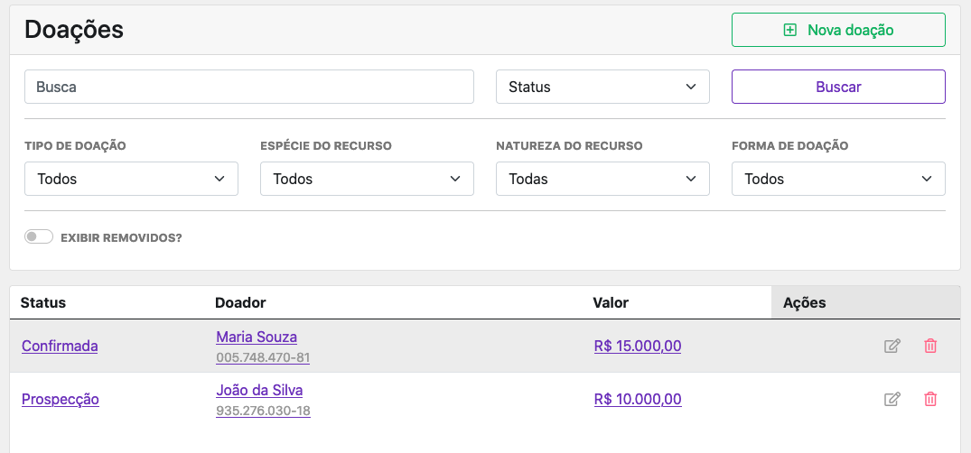 Screenshot ferramenta de Finanças